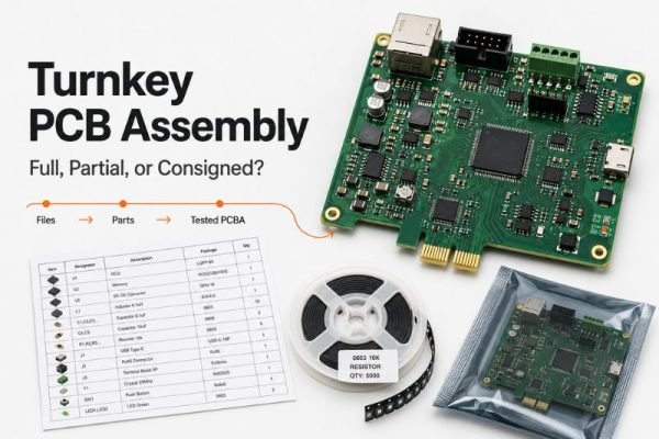 A comparison of a completed PCB from a turnkey service and a box of components for a consigned service.