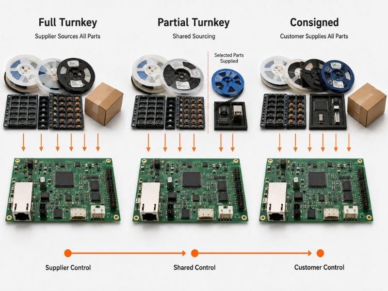 A flowchart helping users decide between turnkey, consigned, and partial assembly based on questions about their project.