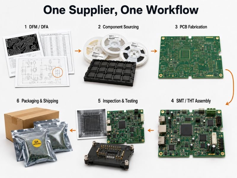 An infographic showing the steps of turnkey PCB assembly: BOM upload, component sourcing, fabrication, assembly, testing.