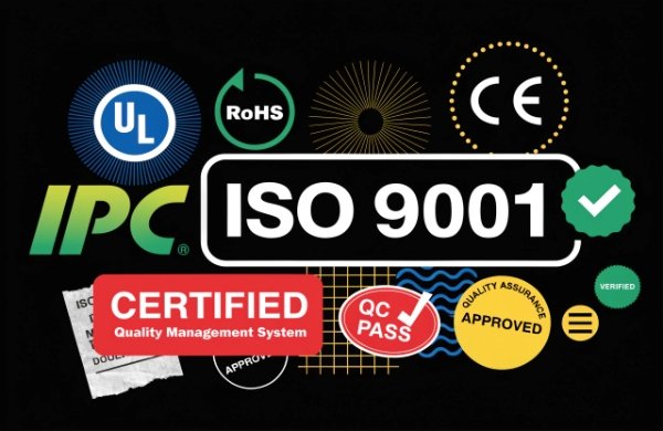 Essential PCBA Manufacturer Certifications A collage of various certification logos like ISO 9001, IPC, UL, and RoHS