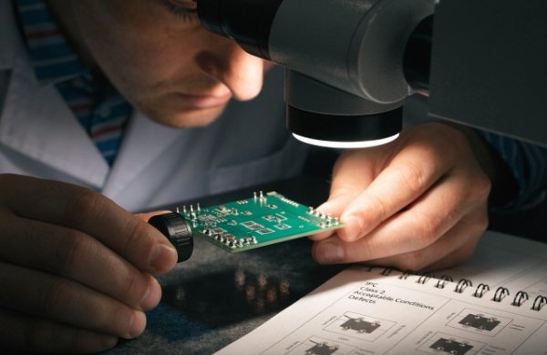IPC Standard for PCBA Quality A technician inspecting a PCB with a microscope, referencing an IPC standard guide