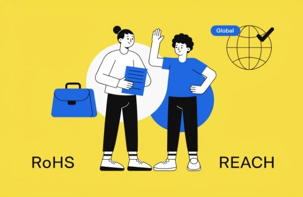 RoHS and REACH Global Compliance A globe with a focus on Europe, with RoHS and REACH compliance symbols